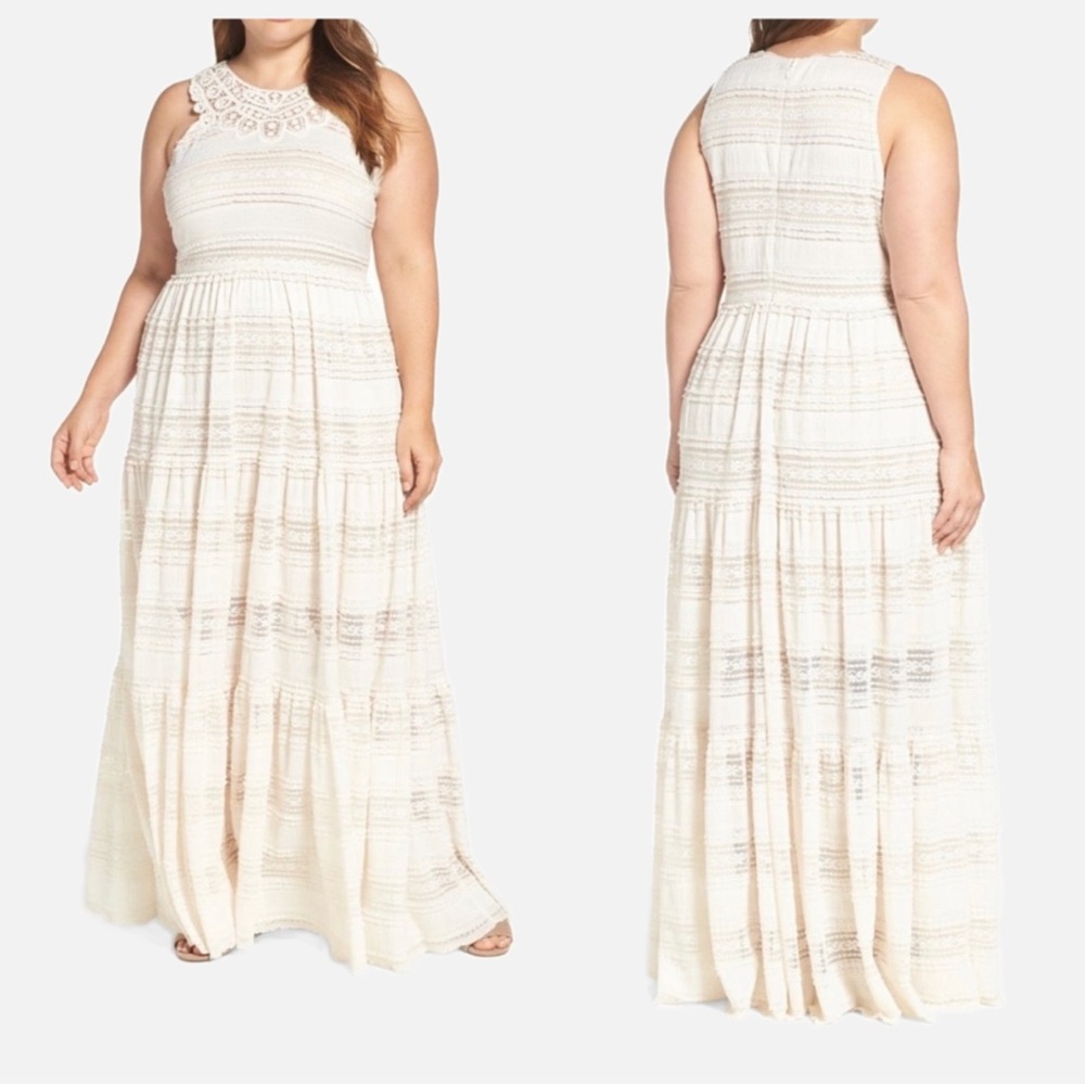 Eliza J Lace Cream Maxi Tiered Dress Boho Flowy Western Formal Womens Sz 18 NWOT